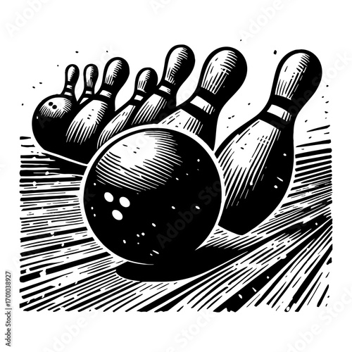 Bowling Ball Striking Pins Action Scene Black and White Outline Line Art Drawing Engraved Style