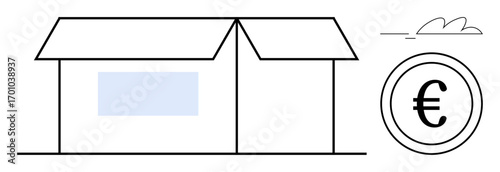 House with simple design paired with euro sign and cloud element. Ideal for real estate, property investment, housing market, financial growth, loan concepts, affordability, simple flat metaphor