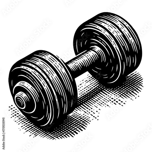 Heavy Dumbbell Weightlifting Exercise Equipment Black and White Outline Line Art Drawing Vintage Engraving Style Isolated Object