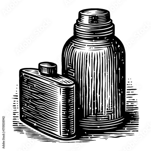 Classic Hip Flask and Tall Screw Top Bottle Black and White Outline Line Art Drawing Retro Vintage Style