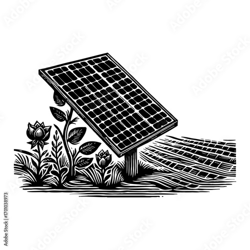 Solar Panel in a Lush Field with Blooming Flowers Black and White Outline Line Art Drawing Renewable Energy