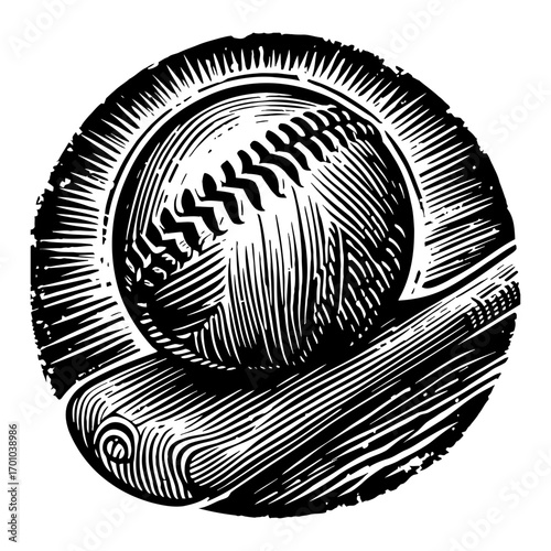 Classic Baseball and Bat in Circular Frame Black and White Outline Line Art Drawing Woodcut Style
