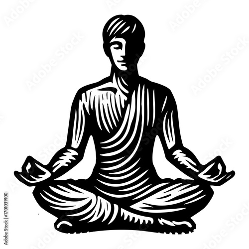 Mindful Person Meditating in Lotus Pose Yoga Spiritual Black and White Outline Line Art Drawing