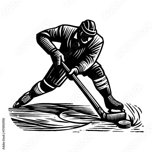 Energetic Ice Hockey Player in Action Striking Puck with Stick in Black and White Outline Line Art Drawing