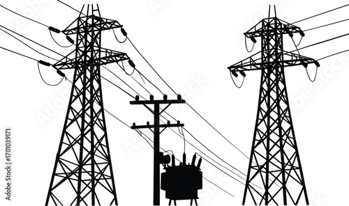 Electric transmission towers, pole-mounted transformer, utility pole, power distribution lines, electrical grid infrastructure, high voltage, energy network, electricity supply