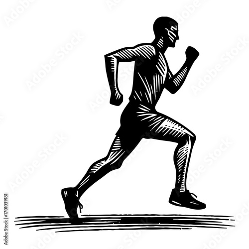 Athlete Running in Motion Side View Black and White Outline Line Art Drawing Woodcut Style Illustration