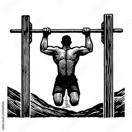 Strong Muscular Man Performing Pull Ups on a Bar Back View Vintage Black and White Outline Line Art Drawing