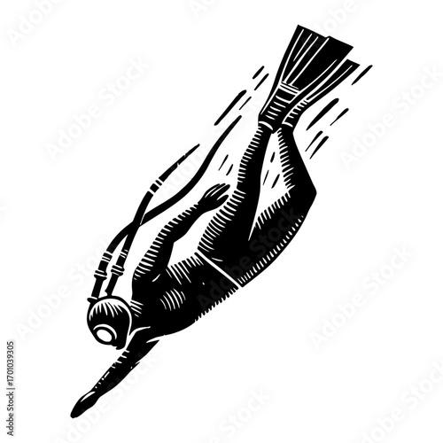 Dynamic Underwater Diver with Mask and Fins Black and White Outline Line Art Drawing Vintage Style