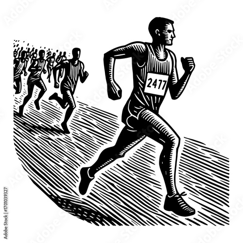 Determined Male Runner Leading Race with Group of Athletes Black and White Outline Line Art Drawing