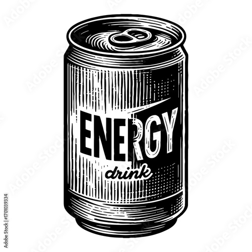Vintage Energy Drink Can Black and White Outline Line Art Drawing with Top Angle View Isolated Object