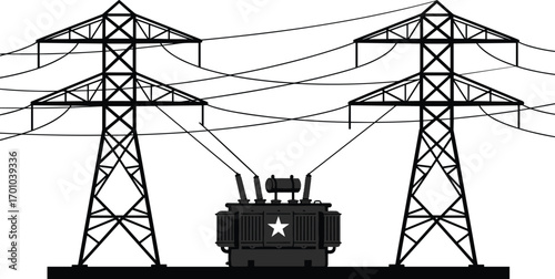 Electrical transformer, power transmission towers, high voltage lines, energy grid infrastructure, electric substation, utility equipment, power distribution, electricity network