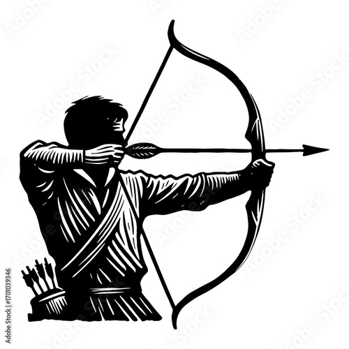 Determined Archer Drawing Bow and Arrow Side View Target Practice Black and White Outline Line Art Drawing