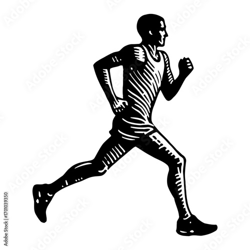Dynamic Male Runner Athlete in Motion Black and White Outline Line Art Drawing Side View Vintage Style Engraving