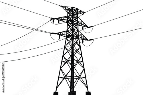 Electricity transmission tower, high voltage pylon, power lines structure, energy grid, industrial electric infrastructure, metal lattice, distribution lines, silhouette