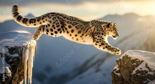 A majestic snow leopard leaps across a snowy chasm in the Himalayas, bathed in the warm glow of the setting sun.