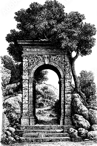 Renaissance archway with tree in vintage engraving style for historical design