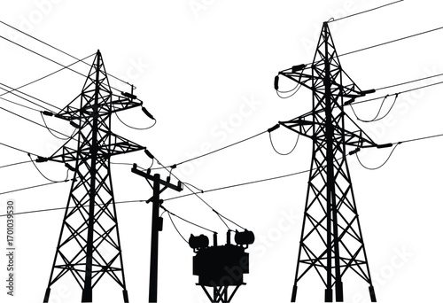 Electricity transmission towers, power lines, electrical transformer, utility poles, high voltage infrastructure, energy distribution system, electric grid, power network