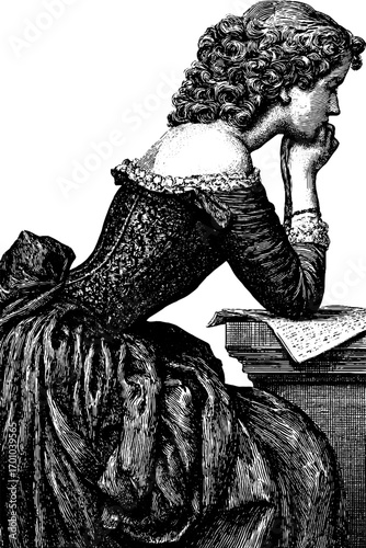 Elegant rococo lady in thought - vintage engraving style art for design