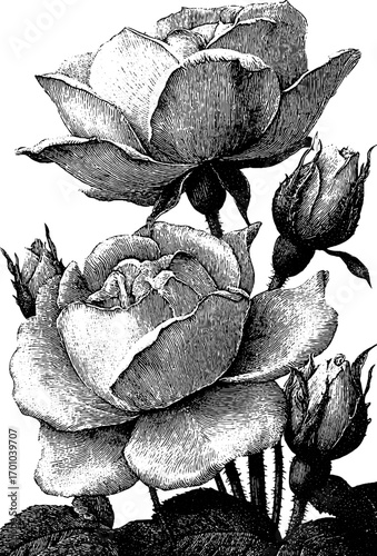 Vintage engraving style illustration of rose petals for retro floral design