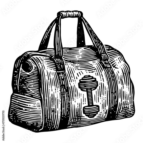 Retro Styled Duffel Bag for Sports and Fitness with Dumbbell Symbol Black and White Outline Line Art Drawing