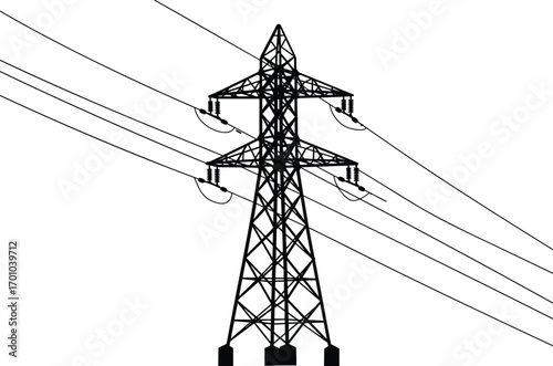 High voltage transmission tower silhouette, power pylon with electric lines, electricity distribution infrastructure, energy supply, industrial utility structure illustration