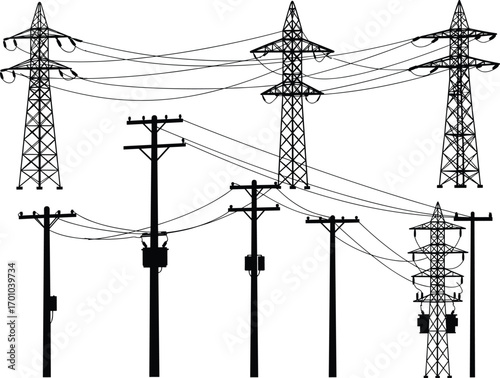 High voltage transmission towers, electrical power lines, utility poles with transformers, energy distribution network, electricity infrastructure, rural and urban power supply system