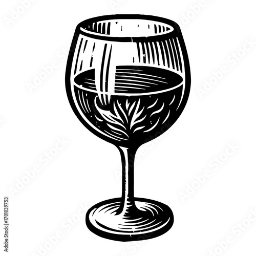 Wine Glass Filled with Liquid Black and White Outline Line Art Drawing Vintage Engraving Style Isolated
