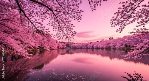 Pink Cherry Blossoms Reflecting in Calm Water at Sunset.