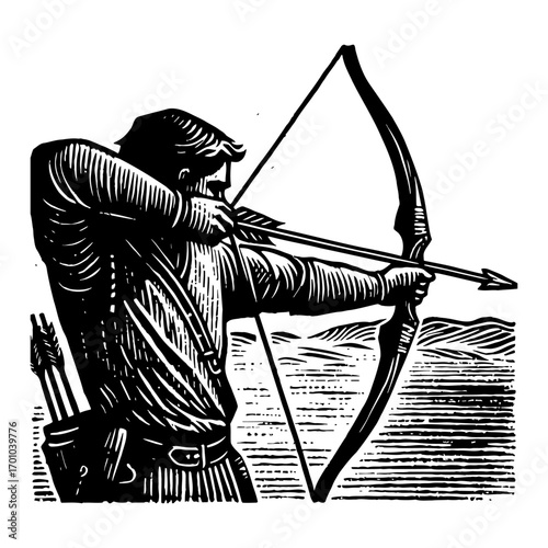 Skilled Archer Drawing Bow and Arrow Ready to Shoot in Action Black and White Outline Line Art Drawing