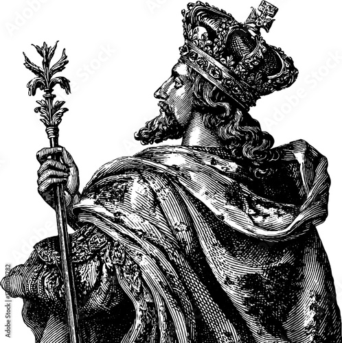 Vintage engraving style illustration of a royal figure with crown and scepter