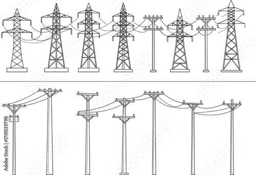 Line art electric transmission towers and utility poles, power distribution lines, electrical infrastructure illustration, high voltage power lines, energy network design
