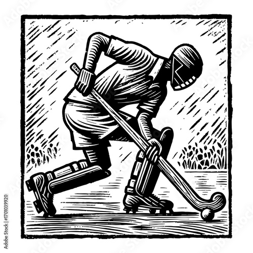 Field Hockey Player Goalie Crouching with Stick and Ball in Black and White Outline Line Art Drawing
