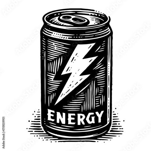 Retro Energy Drink Can with Lightning Bolt Symbol Black and White Outline Line Art Drawing Illustration