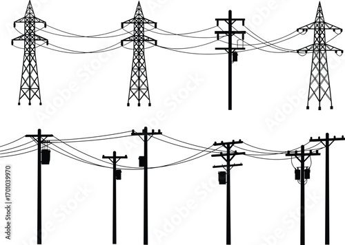 Silhouette of electrical transmission towers and utility poles with power lines, high voltage electricity distribution infrastructure vector illustration
