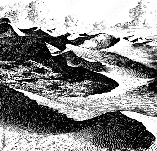 Vintage hand drawn sand dune scene engraving for retro design and decoration