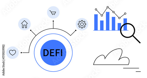 Circular DEFI text surrounded by icons for home, shopping, structure, heart. Data graph and magnifying glass show analytics. Ideal for finance, economy, blockchain, technology analysis innovation