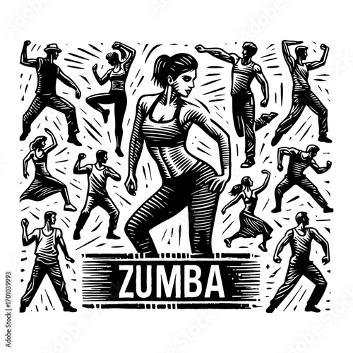 Energetic People Dancing Zumba Class Black and White Outline Line Art Drawing Fitness Activity Exercise