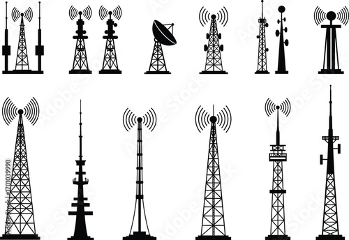 Set of communication towers, antennas, and satellite dishes, telecommunication infrastructure silhouettes, broadcasting and wireless signal transmission structures for data networks