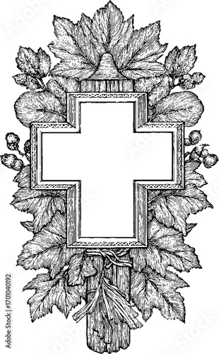 Ornate vintage engraving style illustration of scarecrow with leaves and cross design for decoration