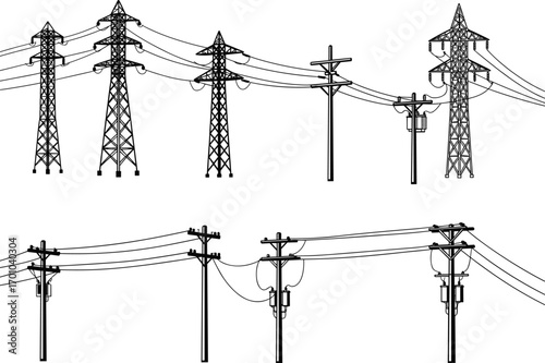 Silhouettes of electrical power transmission poles and wires, utility poles, high voltage lines, electrical grid infrastructure, power line silhouettes