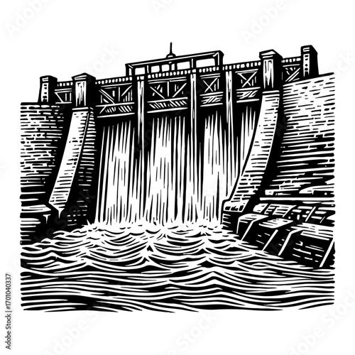 Large Hydroelectric Dam Structure with Flowing Water River Black and White Outline Line Art Drawing