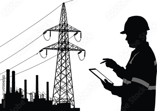 Silhouette worker with tablet, power transmission tower, industrial factory, energy infrastructure, electricity network, utility technician, electric power lines, industrial plant