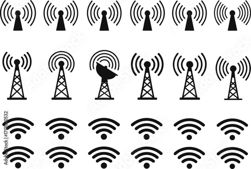Wireless communication icons set, radio towers, satellite dishes, Wi‑Fi signals, connectivity technology graphics, network transmission, internet access, digital communication illustration