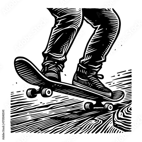 Youthful Legs and Feet Riding a Skateboard in Dynamic Action Black and White Outline Line Art Drawing