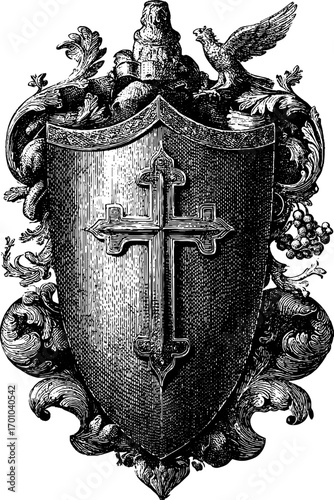 Heraldic shield with cross and eagle in vintage engraving style