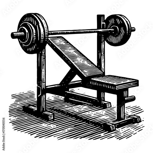 Weight Bench and Barbell Fitness Equipment Black and White Outline Line Art Drawing Isolated Object Gym Gear
