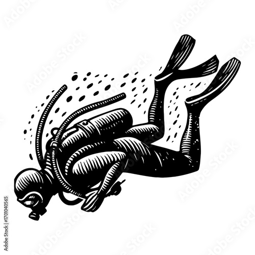 Scuba Diver in Action with Mask and Flippers Underwater Exploration Black and White Outline Line Art Drawing