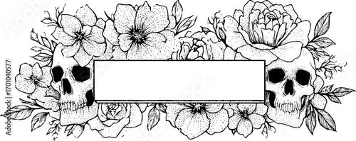 Vintage engraving style illustration of skulls and flowers for creative design