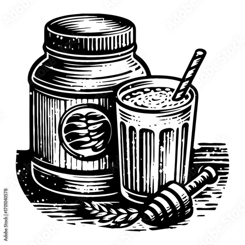 Honey Jar Glass Drink Straw Wheat Stalk Honey Dipper Black and White Outline Line Art Drawing