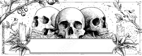 Vintage skull illustration with candle and floral elements for retro design